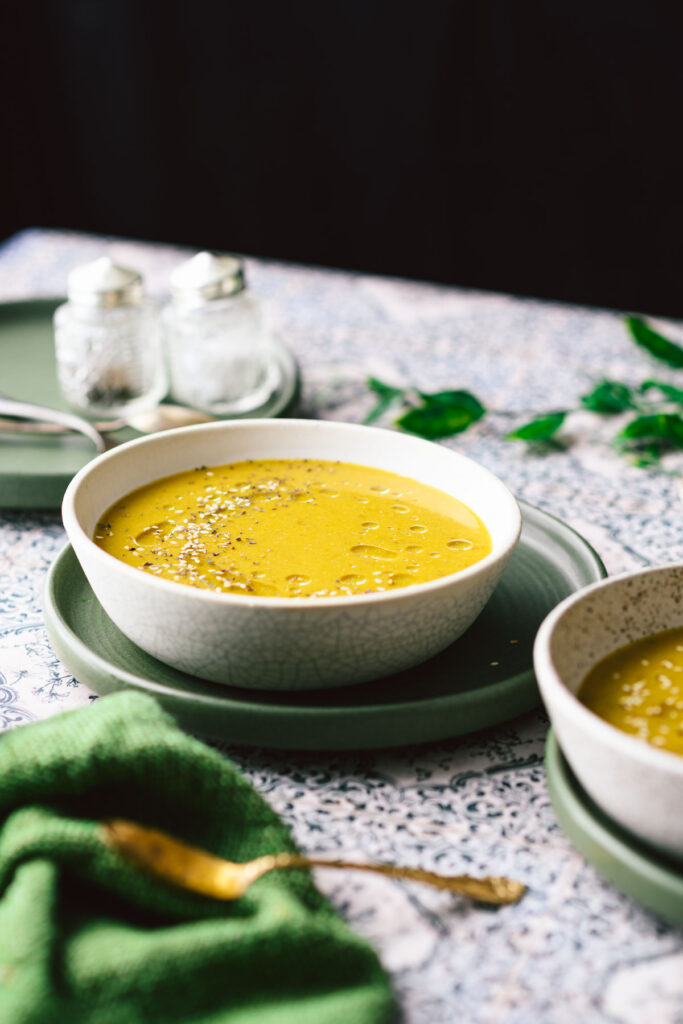 This is a picture of 2 bowls of soup of the instant pot vegetarian okra lentil soup