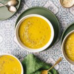 This is a picture of okra lentil soup in 3 bowls.