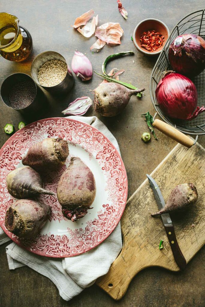 Picture of ingredients for making beetroot poriyal.