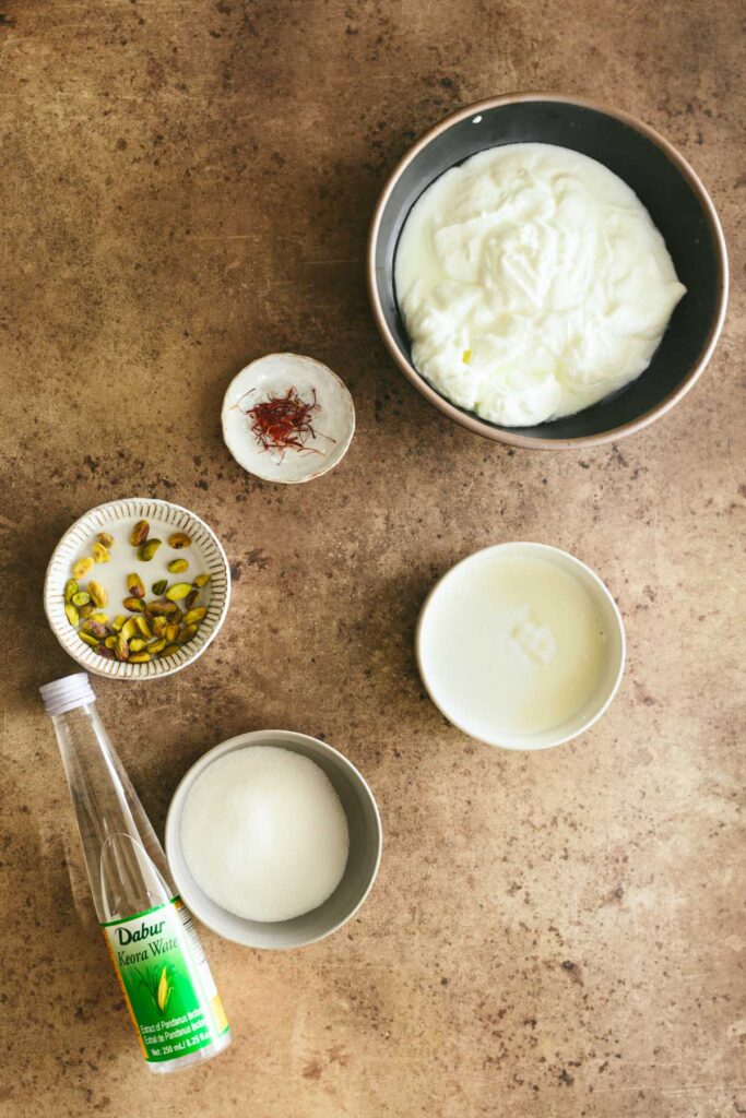 This is a picture of the ingredients for kesar pista lassi