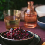 This is a picture beetroot poriyal served on a bowl.