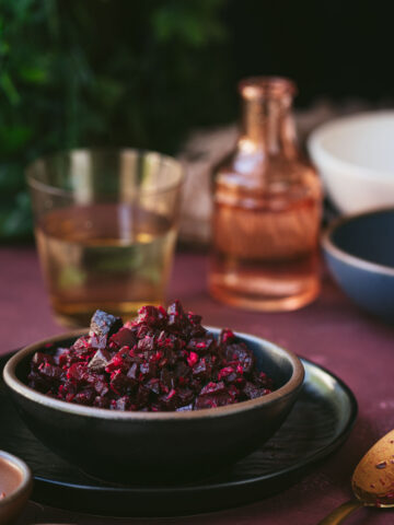 This is a picture beetroot poriyal served on a bowl.