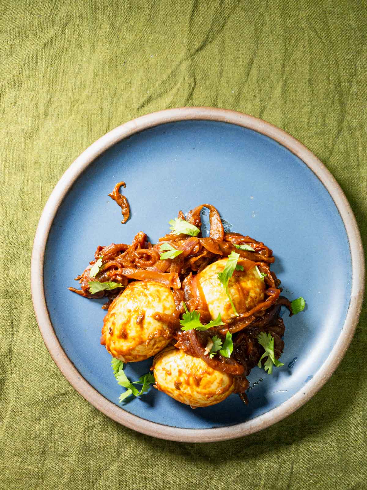 Top view of Egg thokku served on a plate.