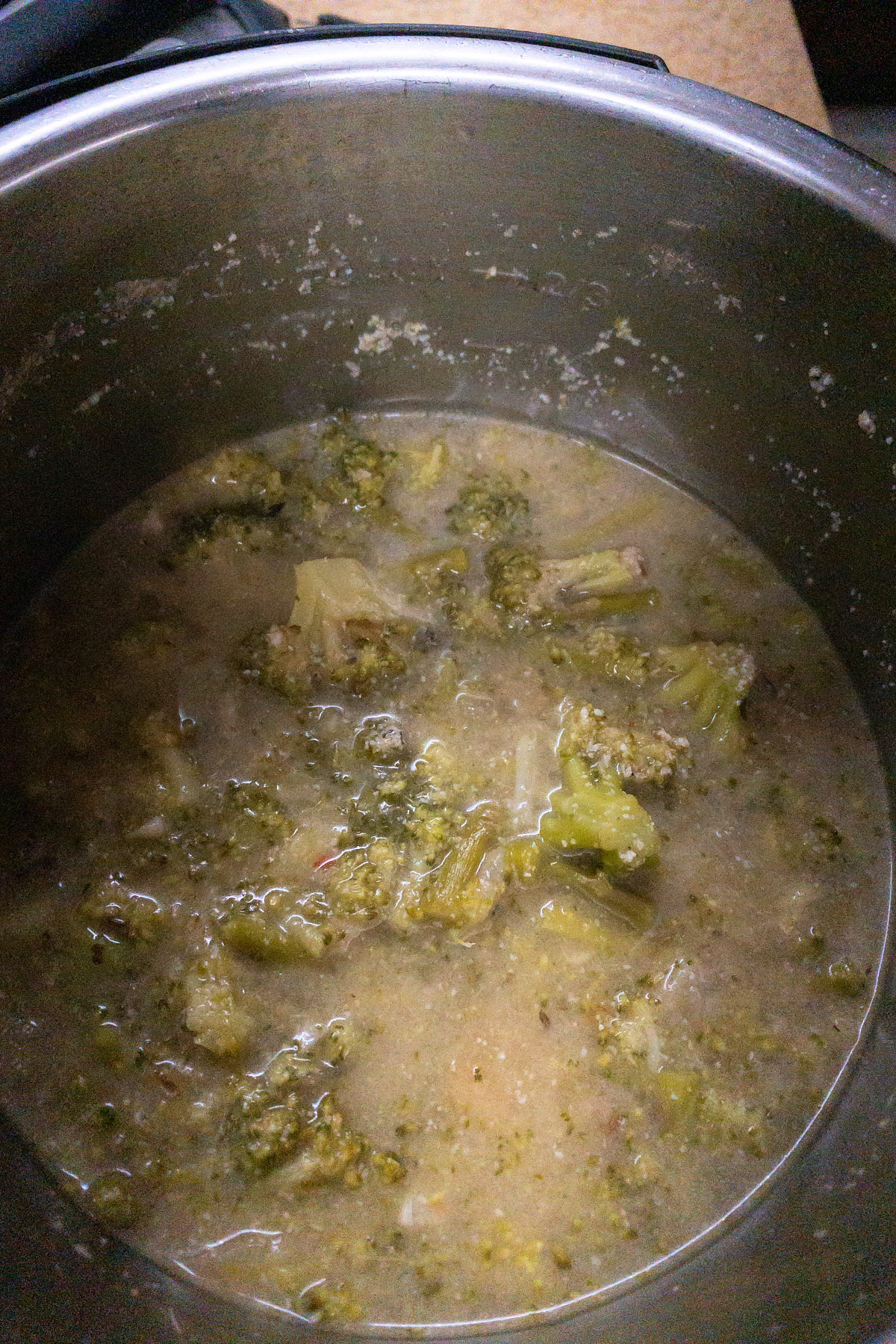 Release the pressure and open the lid for almond broccoli asparagus soup.