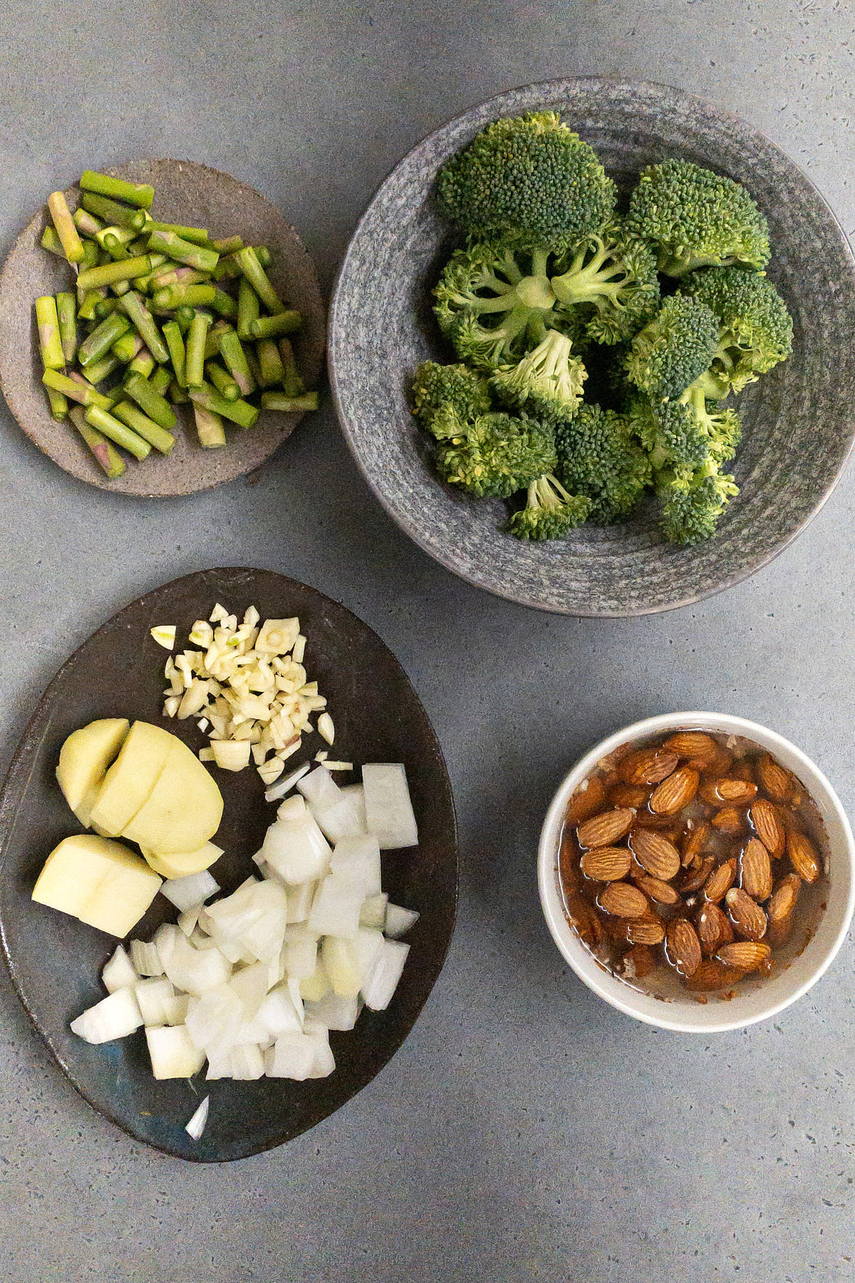 Ingredients prepped for almond broccoli asparagus soup