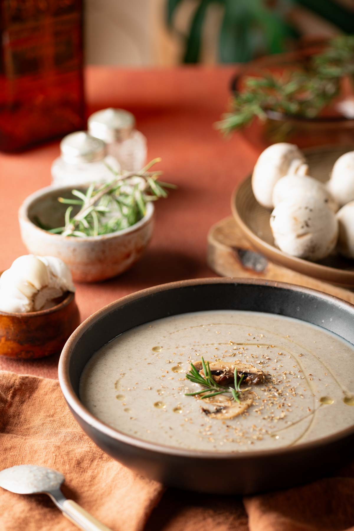 This is a picture of mushroom soup served on a bowl.