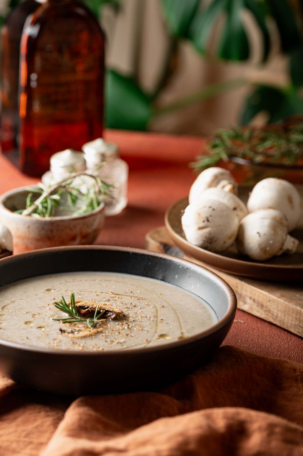 This is picture of dairy free cream of mushroom soup on a serving bowl served on a table.