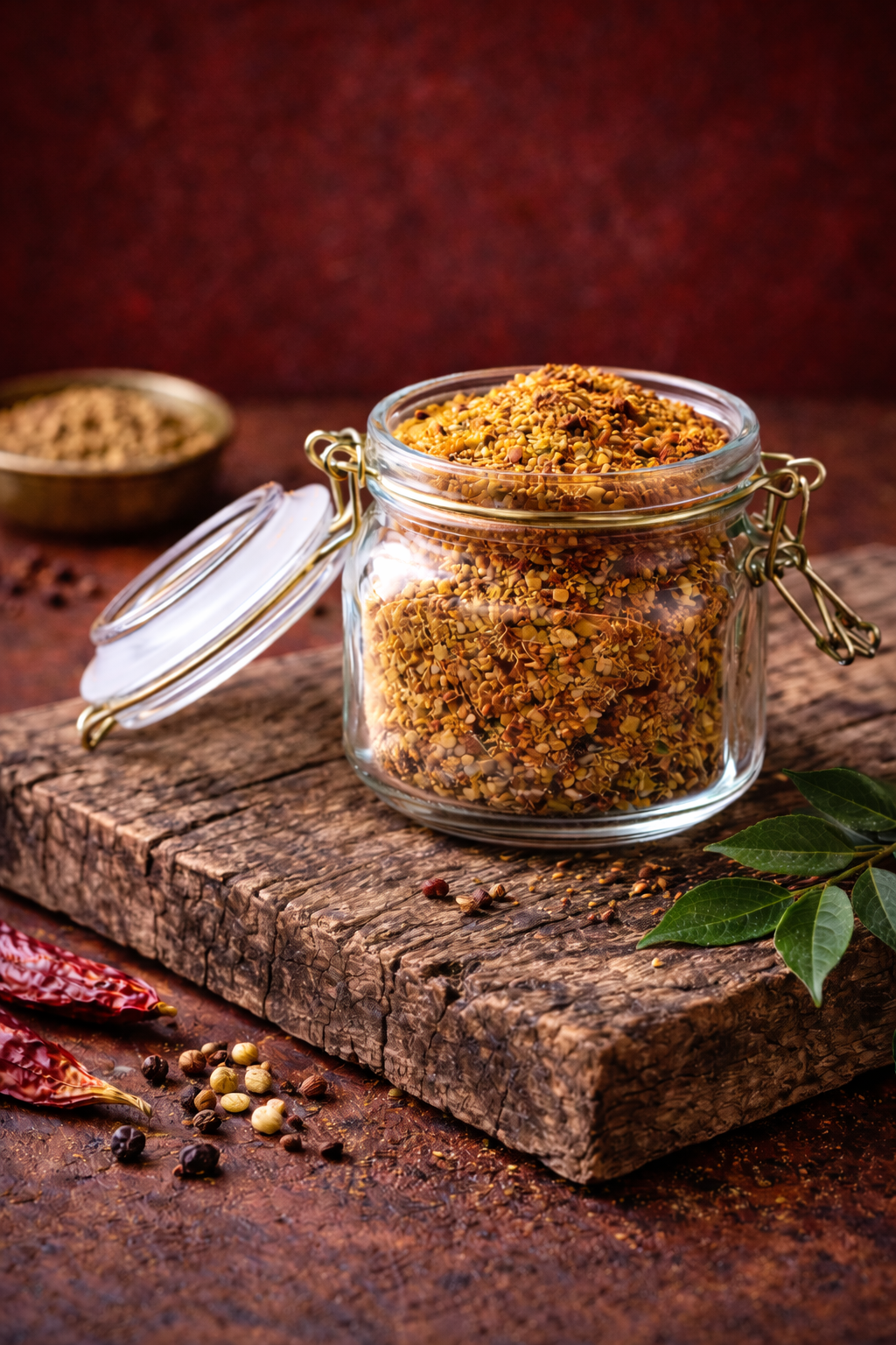 Traditional sundal powder made with dry-roasted spices, stored in a glass jar on a rustic wooden board